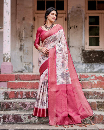 Graceful Fuchsia Pink Banarasi Silk Saree with Digital Forest Scenery Print & Zari Weave BANARASI PRINTED
