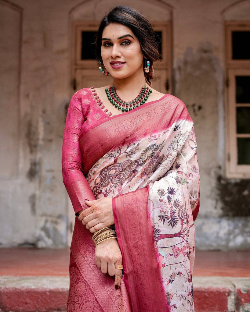 Graceful Fuchsia Pink Banarasi Silk Saree with Digital Forest Scenery Print & Zari Weave BANARASI PRINTED