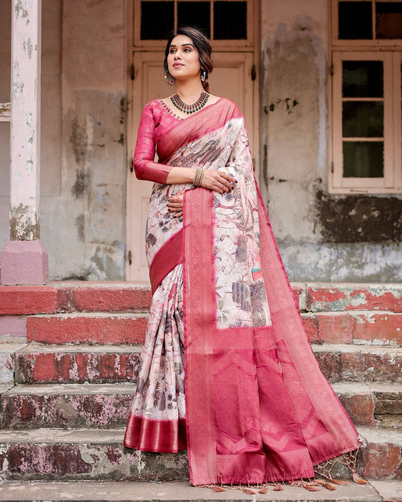 Graceful Fuchsia Pink Banarasi Silk Saree with Digital Forest Scenery Print & Zari Weave BANARASI PRINTED