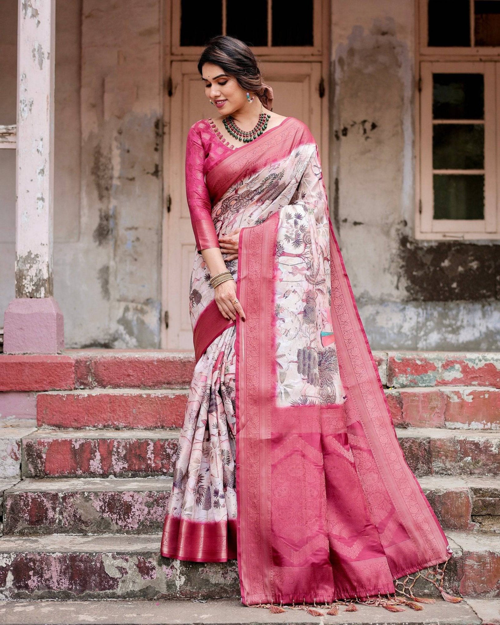 Graceful Fuchsia Pink Banarasi Silk Saree with Digital Forest Scenery Print & Zari Weave BANARASI PRINTED