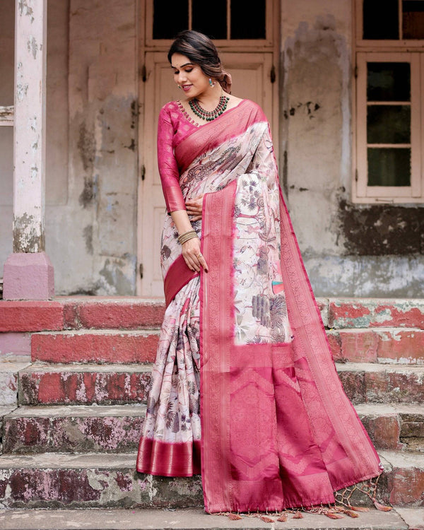 Graceful Fuchsia Pink Banarasi Silk Saree with Digital Forest Scenery Print & Zari Weave BANARASI PRINTED