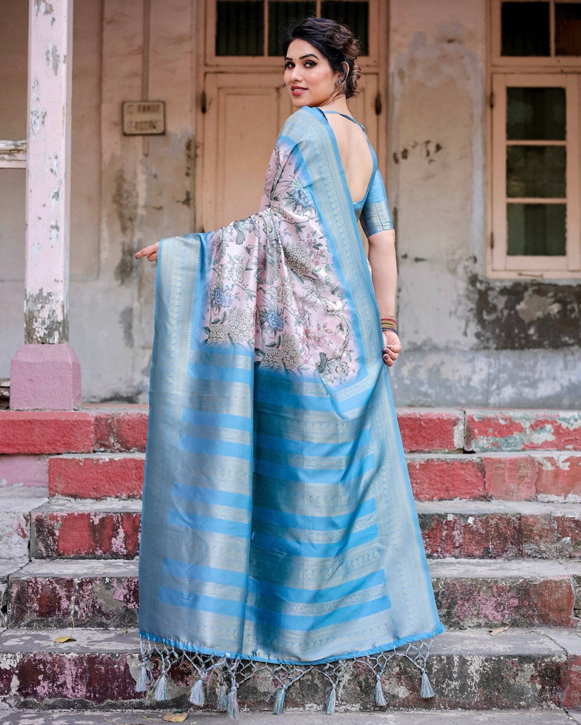 Elegant Floral Banarasi Silk Saree in Sky Blue and Blush Pink with Zari Weave and Tassels BANARASI PRINTED