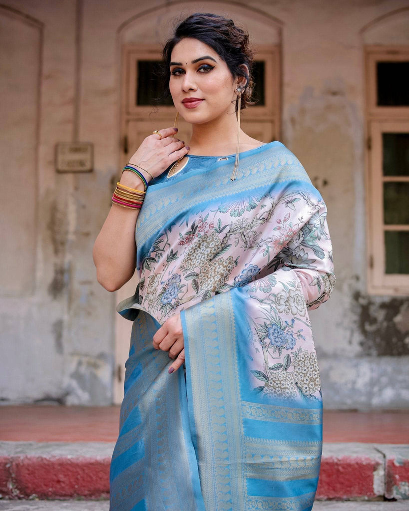 Elegant Floral Banarasi Silk Saree in Sky Blue and Blush Pink with Zari Weave and Tassels BANARASI PRINTED