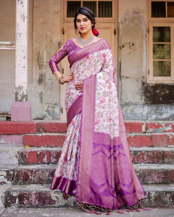 Graceful Lavender Banarasi Silk Saree with Floral Design and Zari Woven Border BANARASI PRINTED
