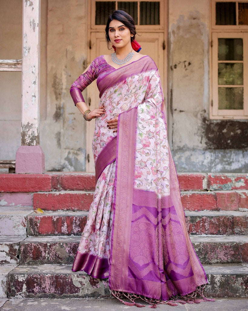 Graceful Lavender Banarasi Silk Saree with Floral Design and Zari Woven Border BANARASI PRINTED
