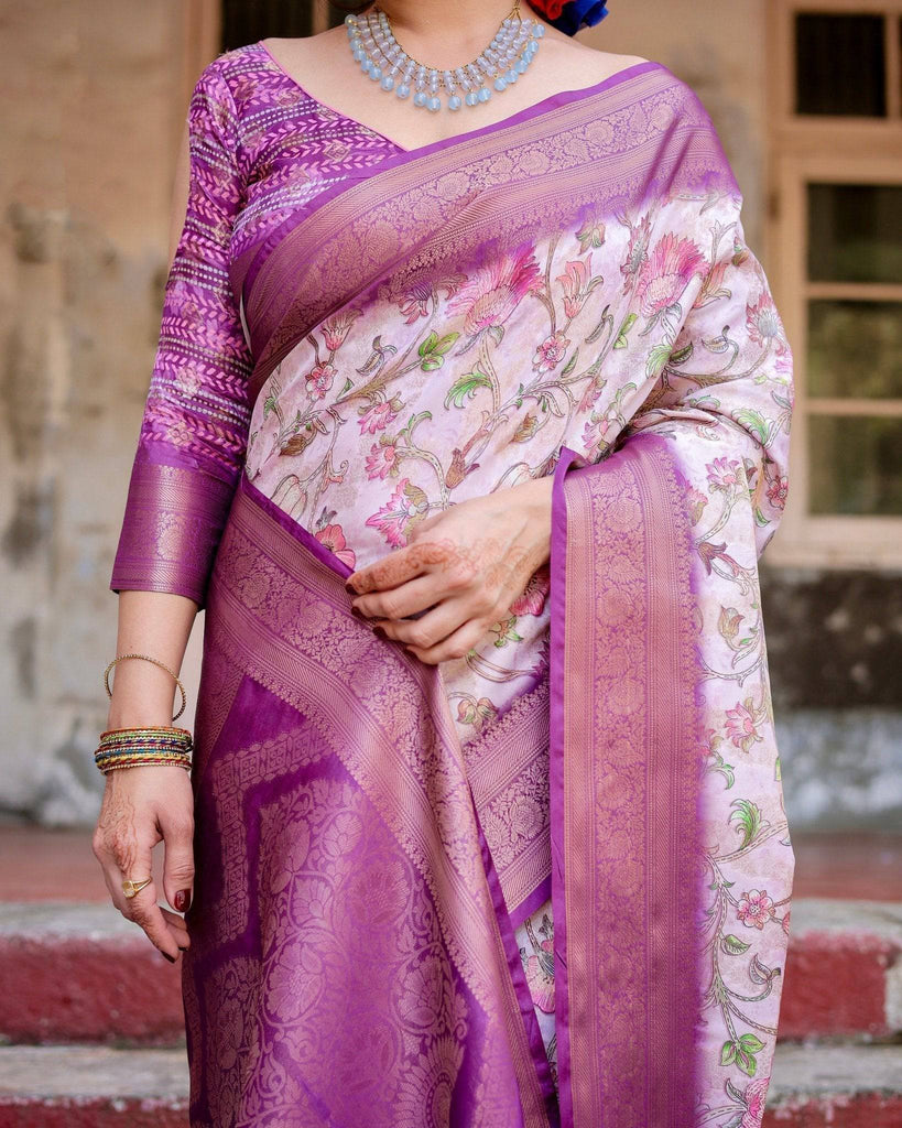 Graceful Lavender Banarasi Silk Saree with Floral Design and Zari Woven Border BANARASI PRINTED