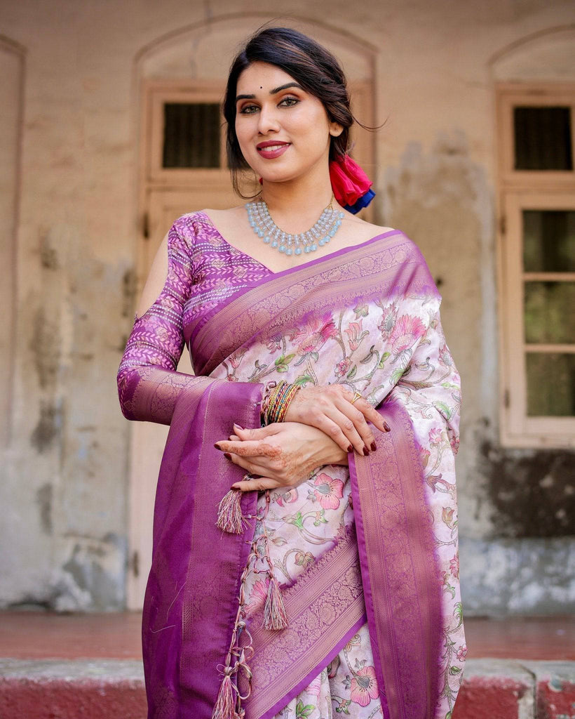 Graceful Lavender Banarasi Silk Saree with Floral Design and Zari Woven Border BANARASI PRINTED