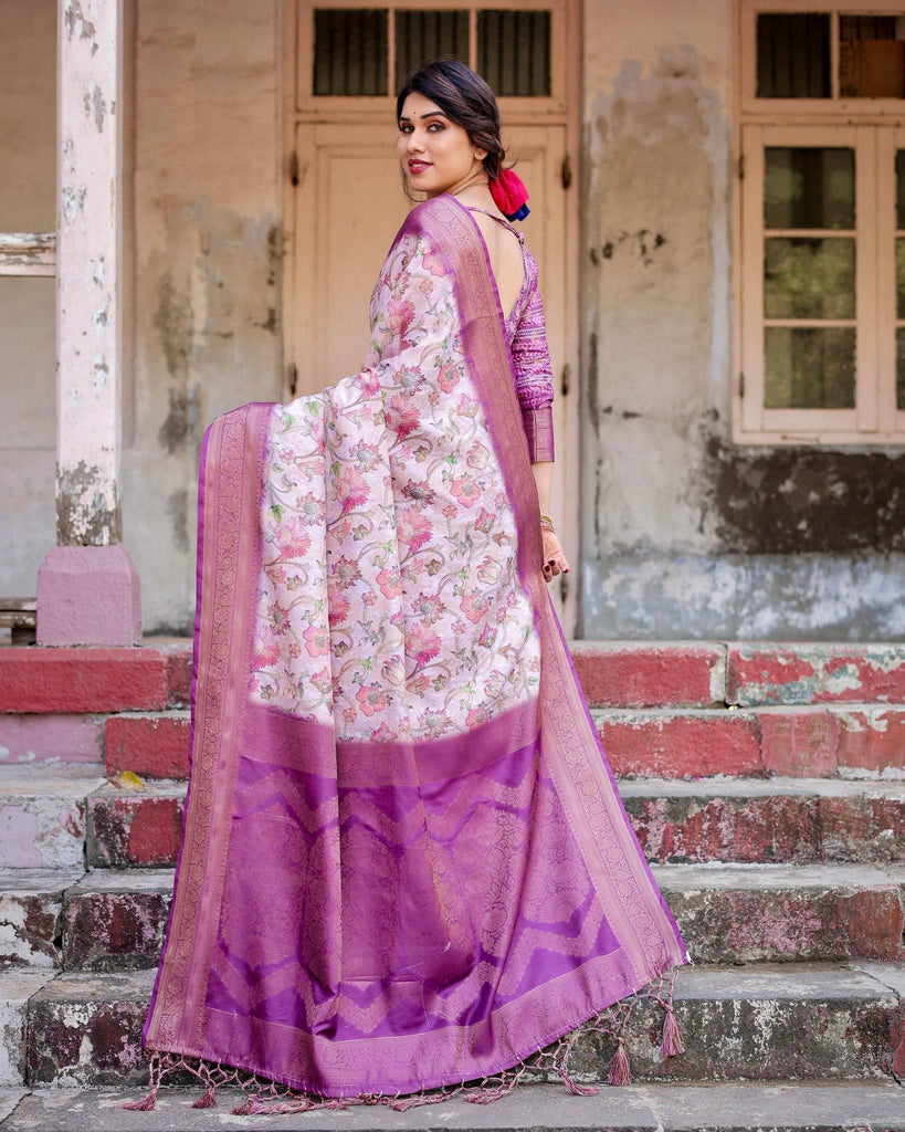 Graceful Lavender Banarasi Silk Saree with Floral Design and Zari Woven Border BANARASI PRINTED