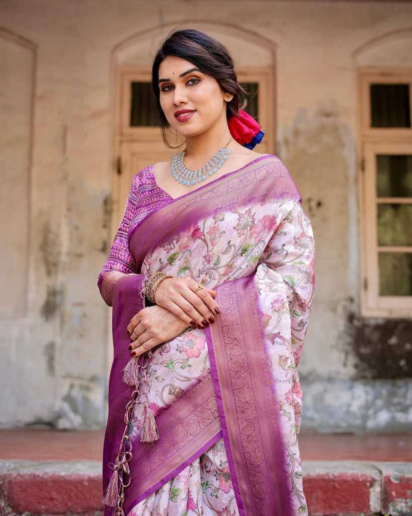 Graceful Lavender Banarasi Silk Saree with Floral Design and Zari Woven Border BANARASI PRINTED