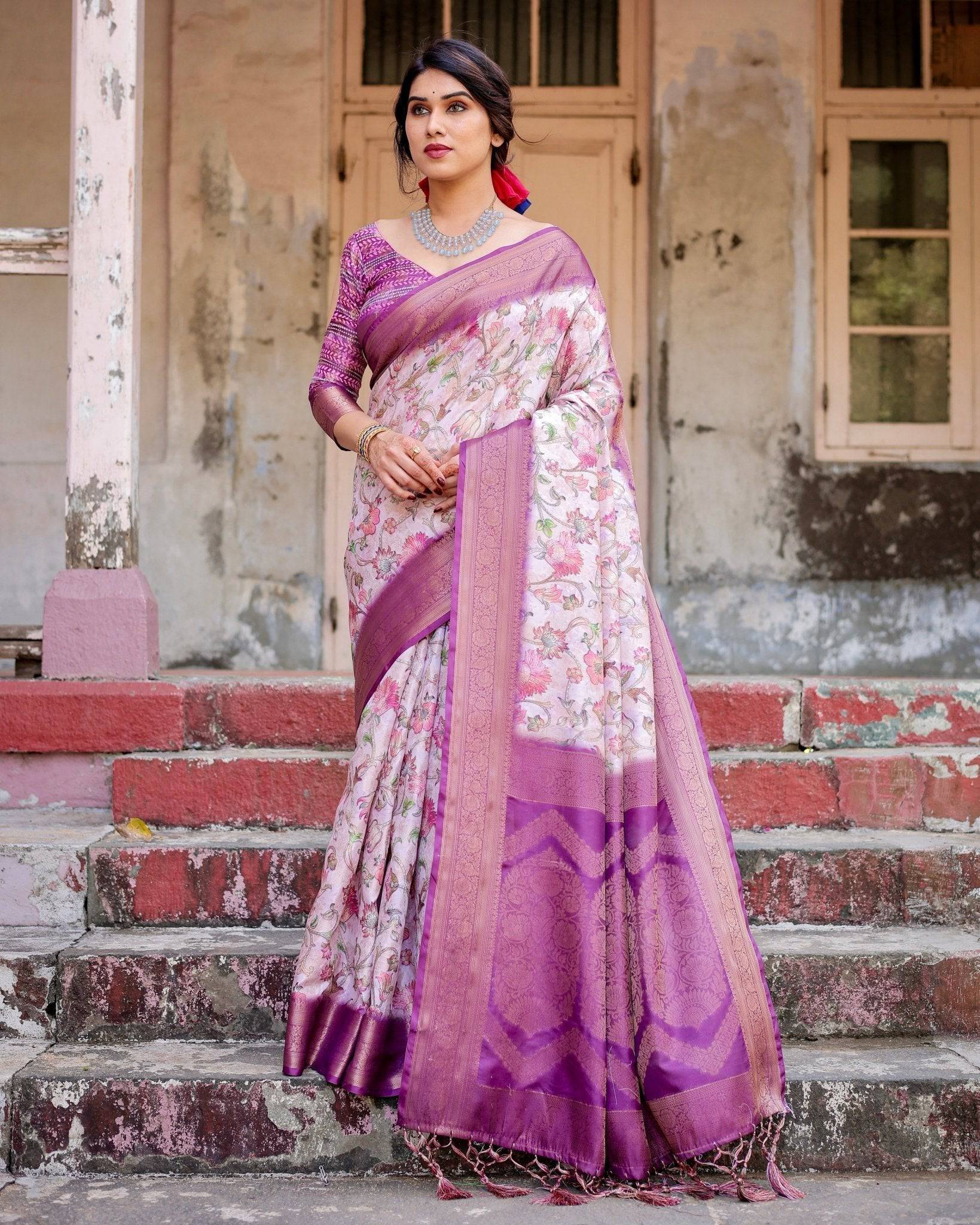 Graceful Lavender Banarasi Silk Saree with Floral Design and Zari Woven Border BANARASI PRINTED Main image