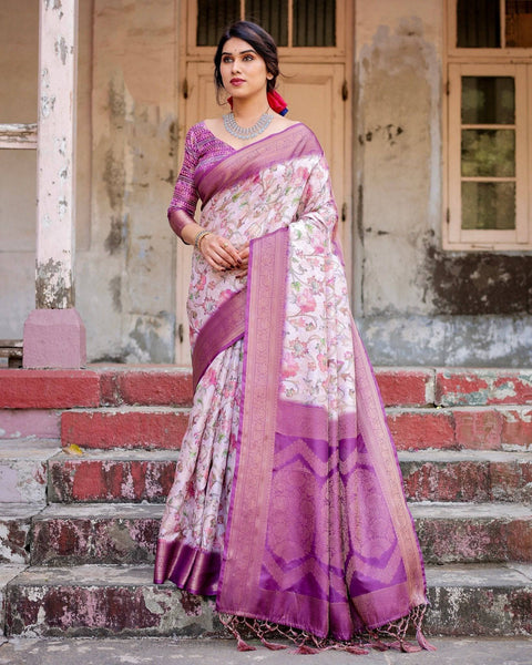Graceful Lavender Banarasi Silk Saree with Floral Design and Zari Woven Border BANARASI PRINTED Main image