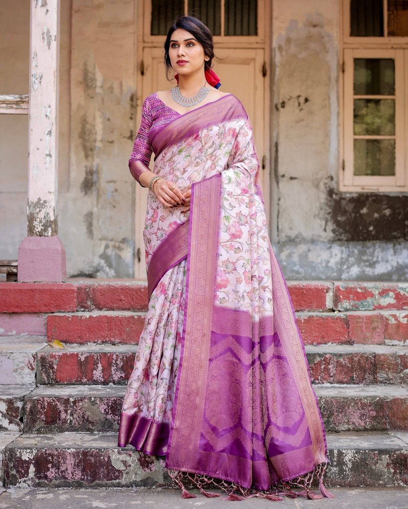 Graceful Lavender Banarasi Silk Saree with Floral Design and Zari Woven Border BANARASI PRINTED
