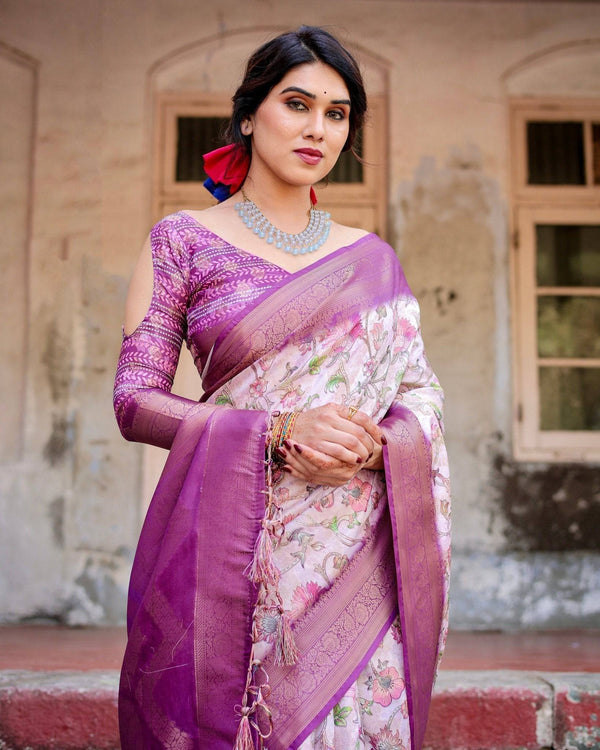 Graceful Lavender Banarasi Silk Saree with Floral Design and Zari Woven Border BANARASI PRINTED