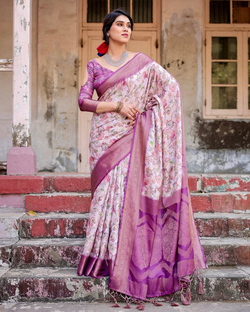 Graceful Lavender Banarasi Silk Saree with Floral Design and Zari Woven Border BANARASI PRINTED