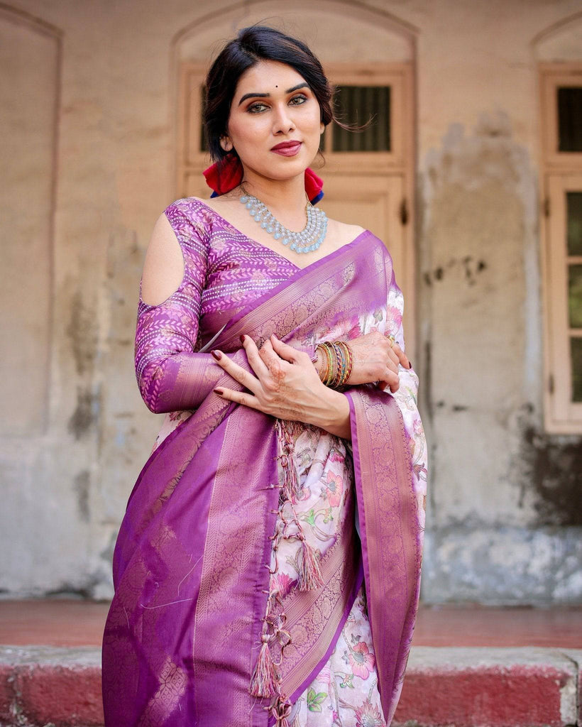 Graceful Lavender Banarasi Silk Saree with Floral Design and Zari Woven Border BANARASI PRINTED