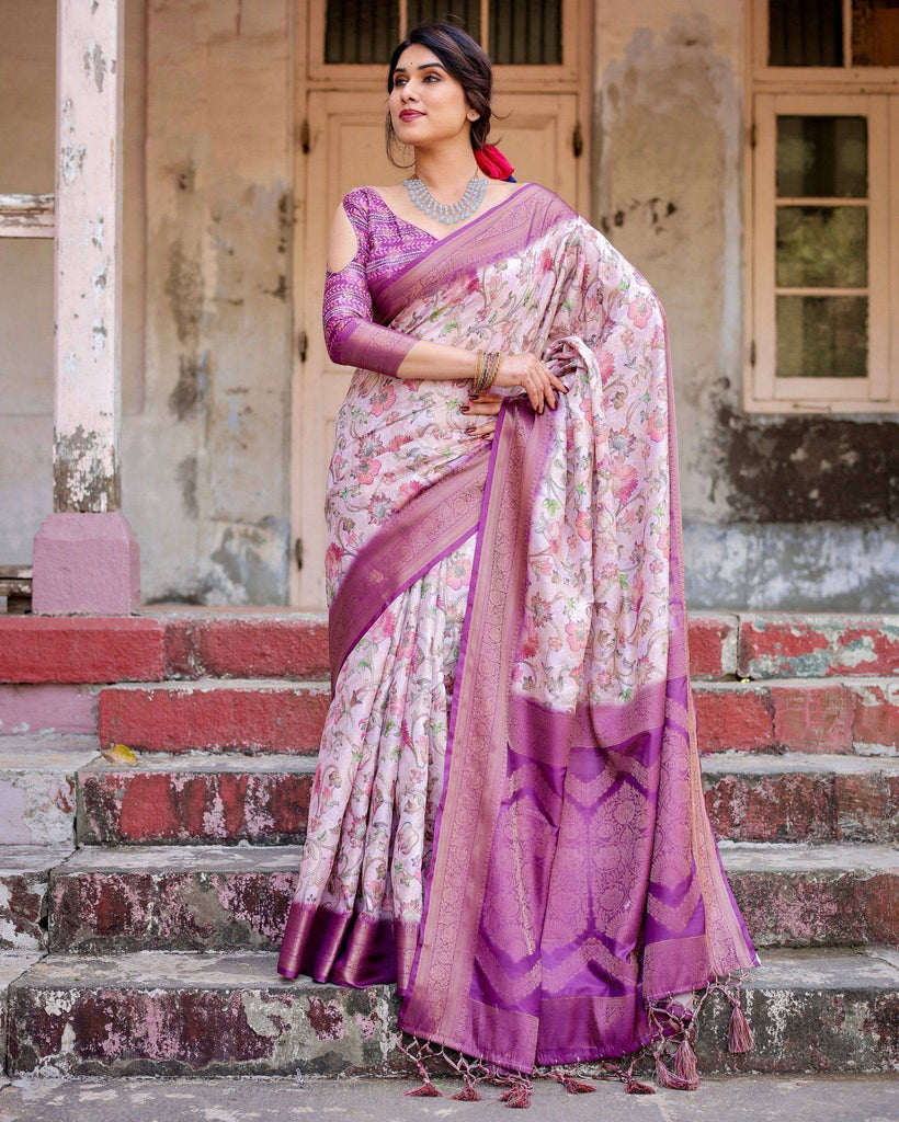 Graceful Lavender Banarasi Silk Saree with Floral Design and Zari Woven Border BANARASI PRINTED