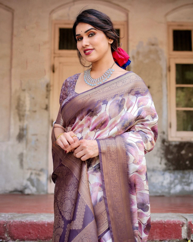 Elegant Purple Floral Banarasi Silk Saree with Intricate Zari Weave and Tassels BANARASI PRINTED