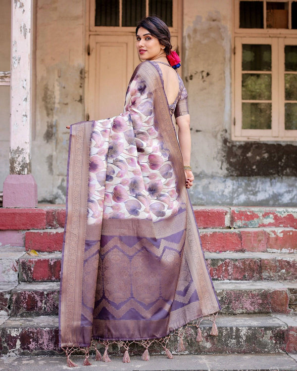 Elegant Purple Floral Banarasi Silk Saree with Intricate Zari Weave and Tassels BANARASI PRINTED
