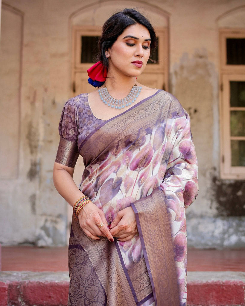 Elegant Purple Floral Banarasi Silk Saree with Intricate Zari Weave and Tassels BANARASI PRINTED