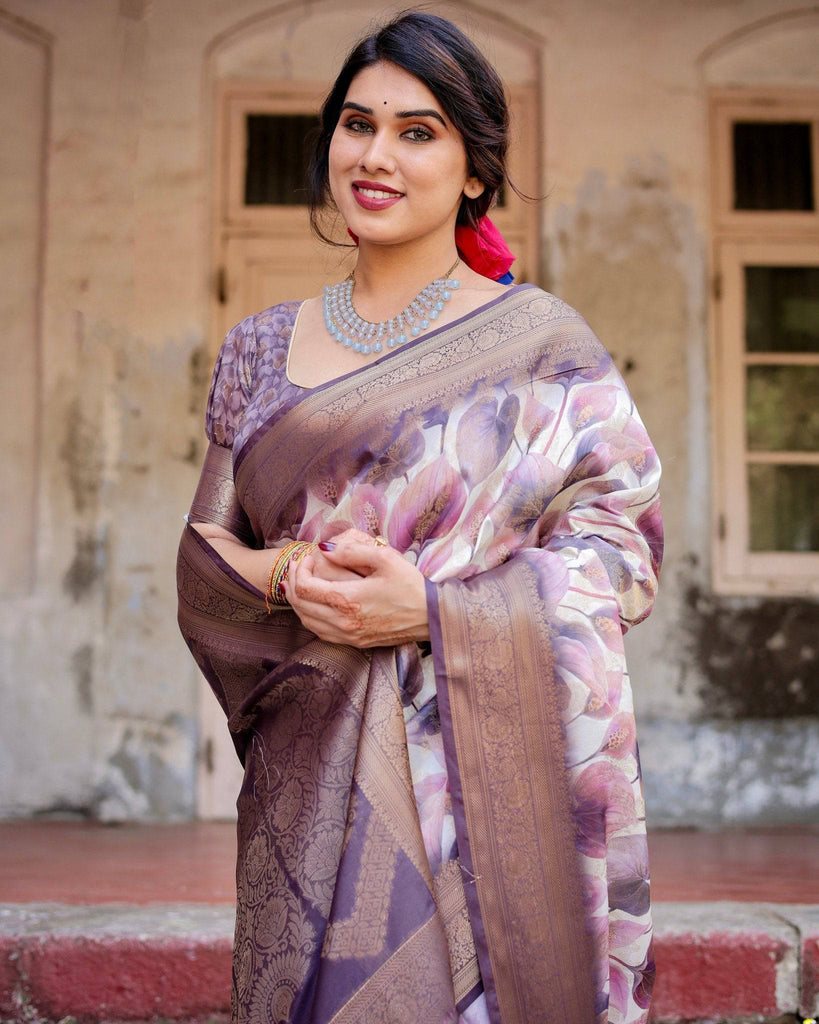 Elegant Purple Floral Banarasi Silk Saree with Intricate Zari Weave and Tassels BANARASI PRINTED