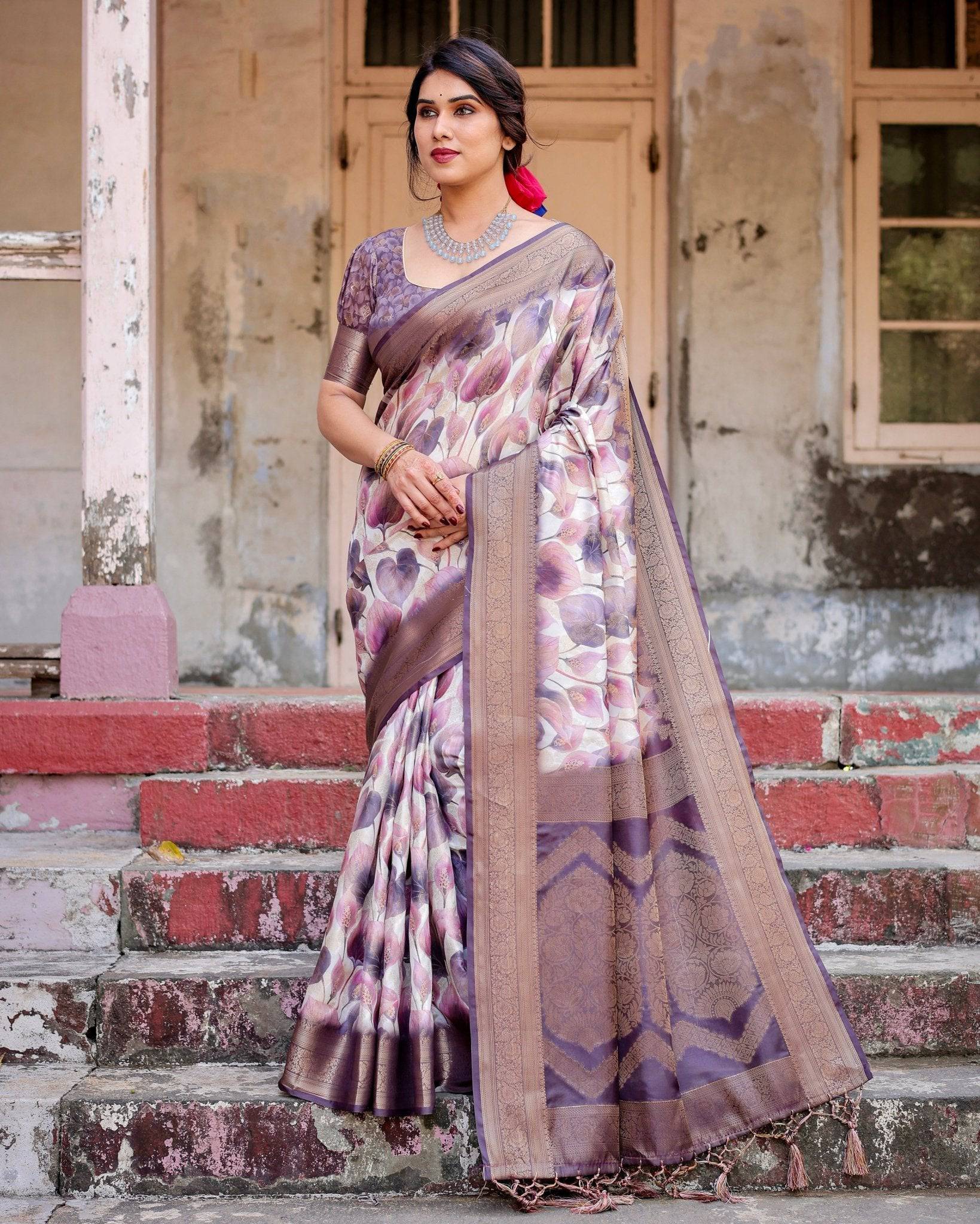 Elegant Purple Floral Banarasi Silk Saree with Intricate Zari Weave and Tassels Secondary image