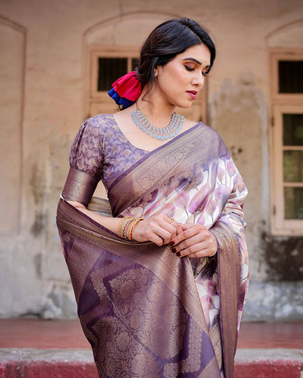 Elegant Purple Floral Banarasi Silk Saree with Intricate Zari Weave and Tassels BANARASI PRINTED