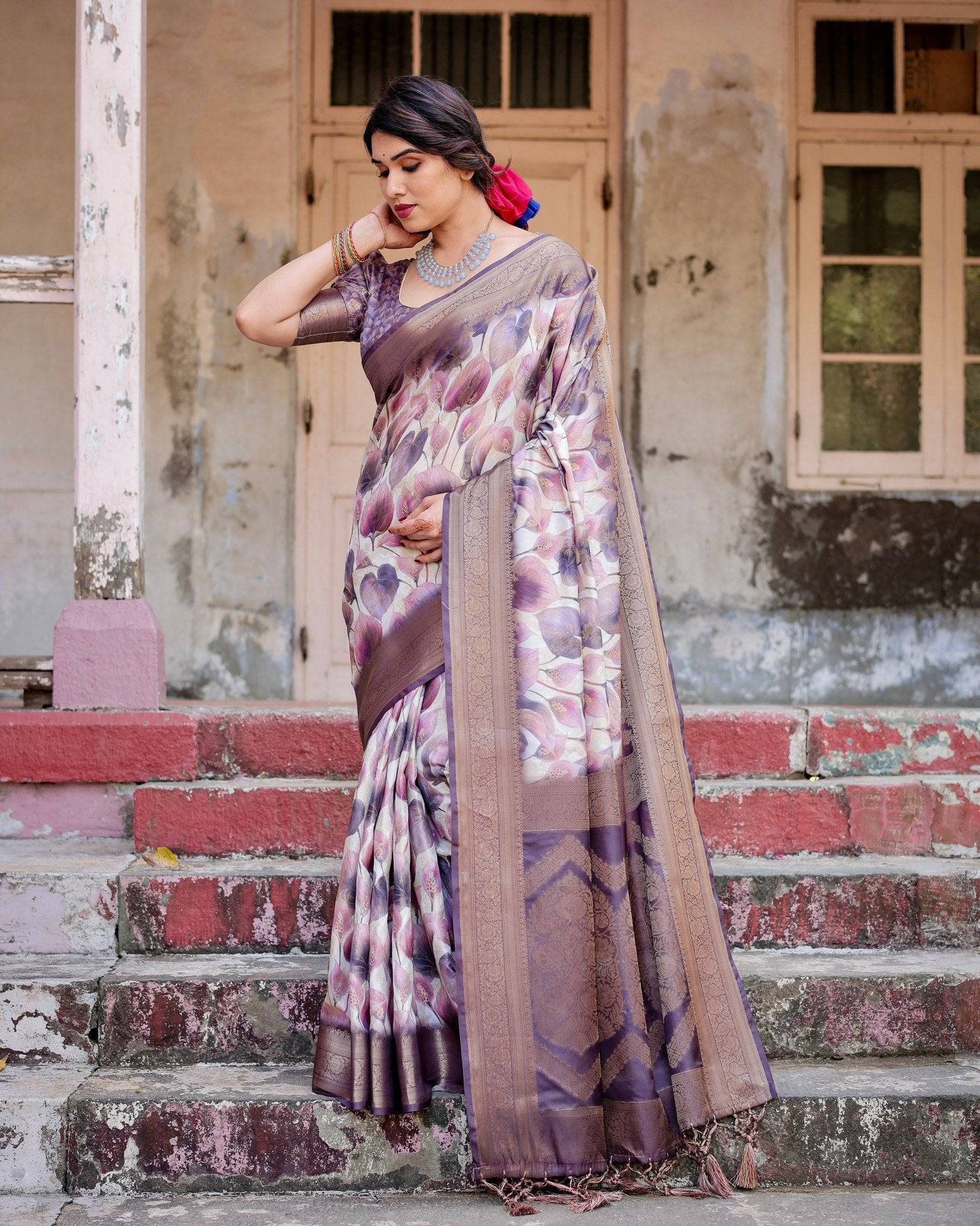 Elegant Purple Floral Banarasi Silk Saree with Intricate Zari Weave and Tassels BANARASI PRINTED