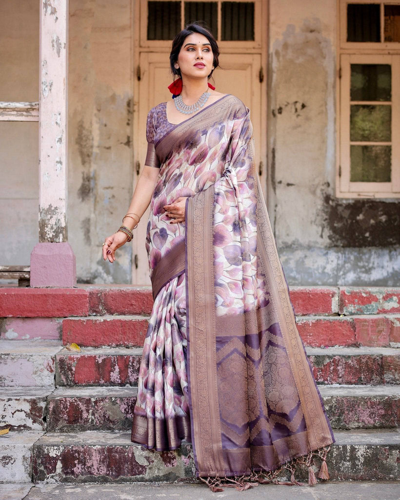 Elegant Purple Floral Banarasi Silk Saree with Intricate Zari Weave and Tassels BANARASI PRINTED