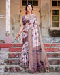 Load image into Gallery viewer, Elegant Purple Floral Banarasi Silk Saree with Intricate Zari Weave and Tassels BANARASI PRINTED