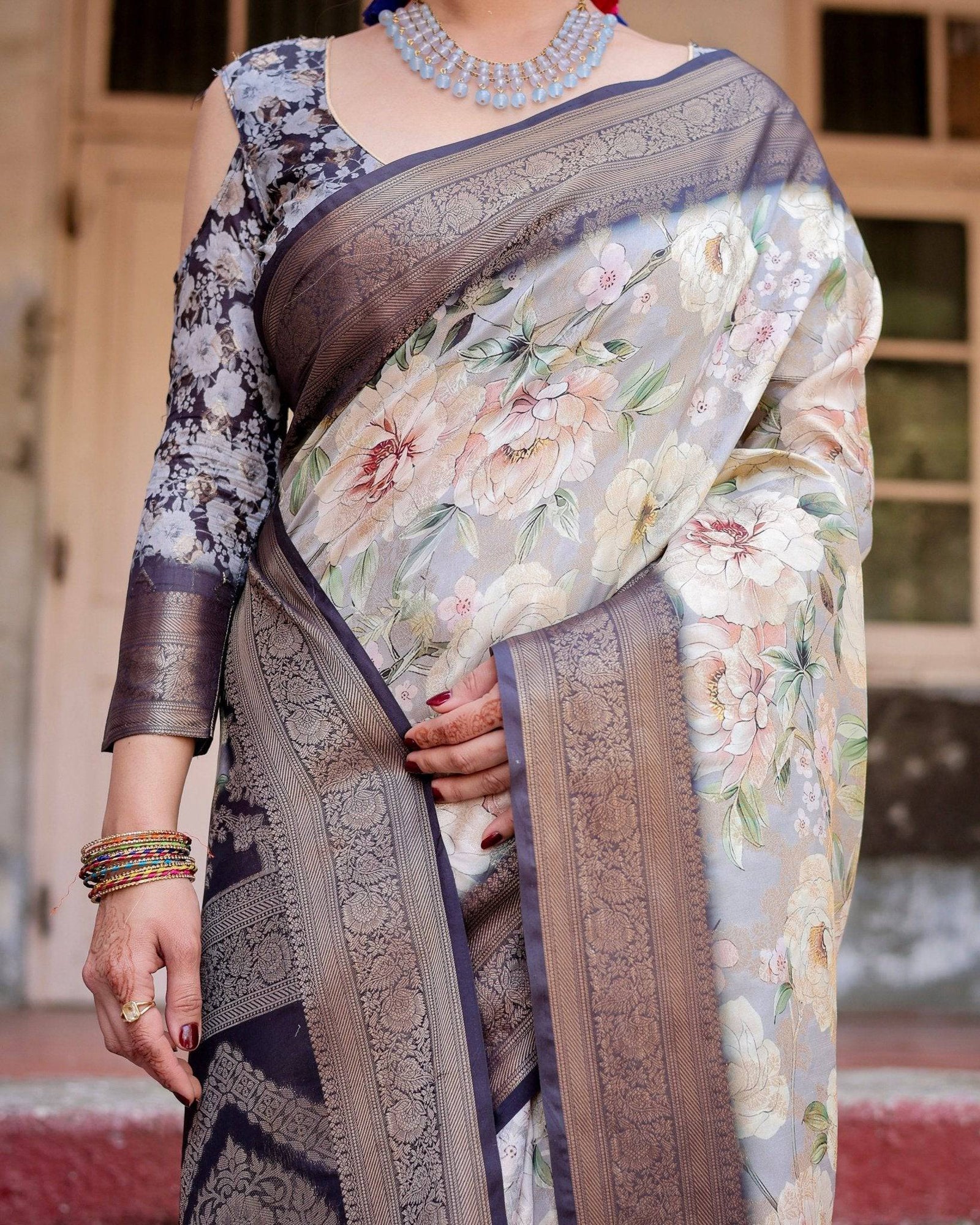 Elegant Gray Banarasi Silk Saree with Navy Blue Zari Weave, Floral Design, and Tassels BANARASI PRINTED