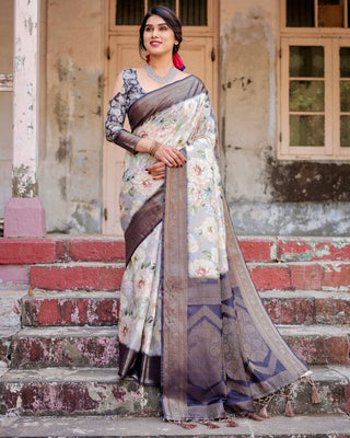 Elegant Gray Banarasi Silk Saree with Navy Blue Zari Weave, Floral Design, and Tassels BANARASI PRINTED
