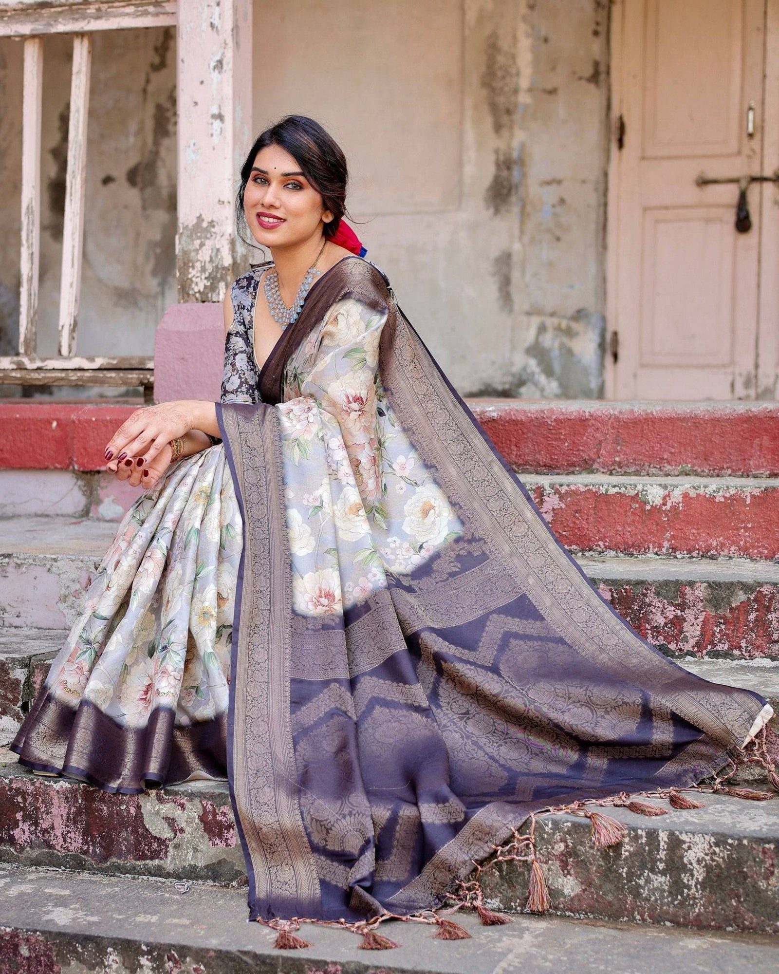 Elegant Gray Banarasi Silk Saree with Navy Blue Zari Weave, Floral Design, and Tassels BANARASI PRINTED
