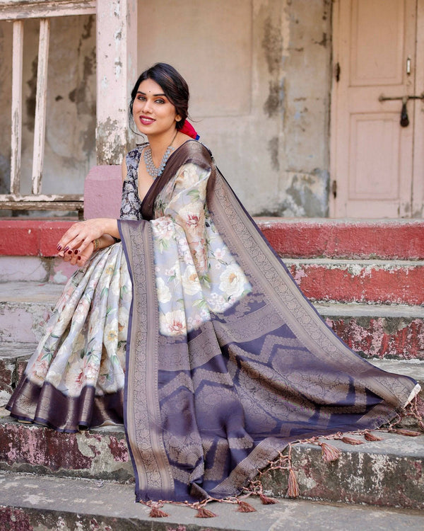 Elegant Gray Banarasi Silk Saree with Navy Blue Zari Weave, Floral Design, and Tassels BANARASI PRINTED