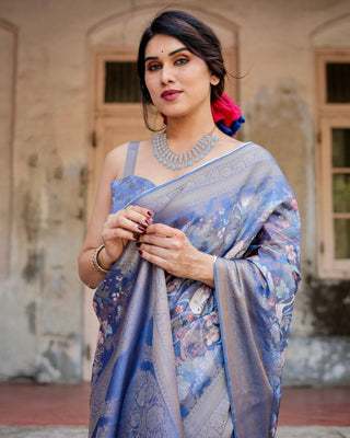 Majestic Blue Banarasi Silk Saree with Delicate Floral Zari Work and Tassel-Embellished Pallu BANARASI PRINTED
