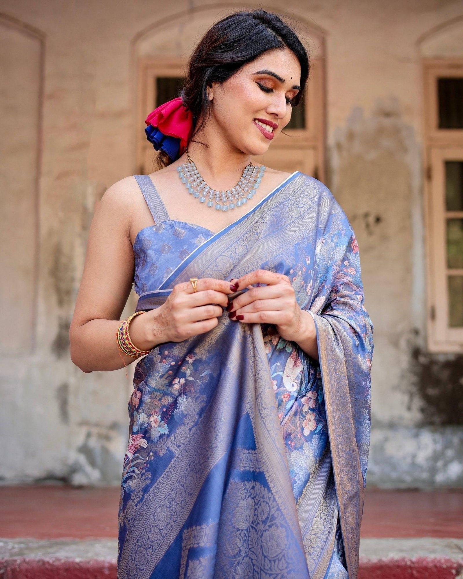 Majestic Blue Banarasi Silk Saree with Delicate Floral Zari Work and Tassel-Embellished Pallu BANARASI PRINTED
