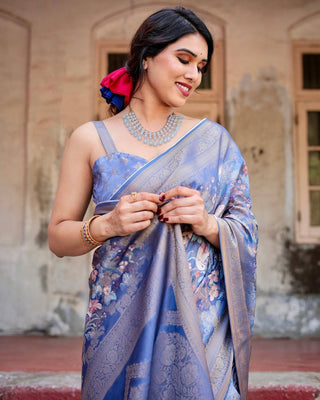 Majestic Blue Banarasi Silk Saree with Delicate Floral Zari Work and Tassel-Embellished Pallu BANARASI PRINTED