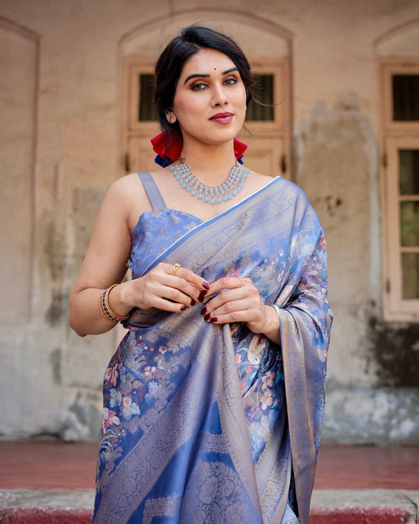 Majestic Blue Banarasi Silk Saree with Delicate Floral Zari Work and Tassel-Embellished Pallu BANARASI PRINTED