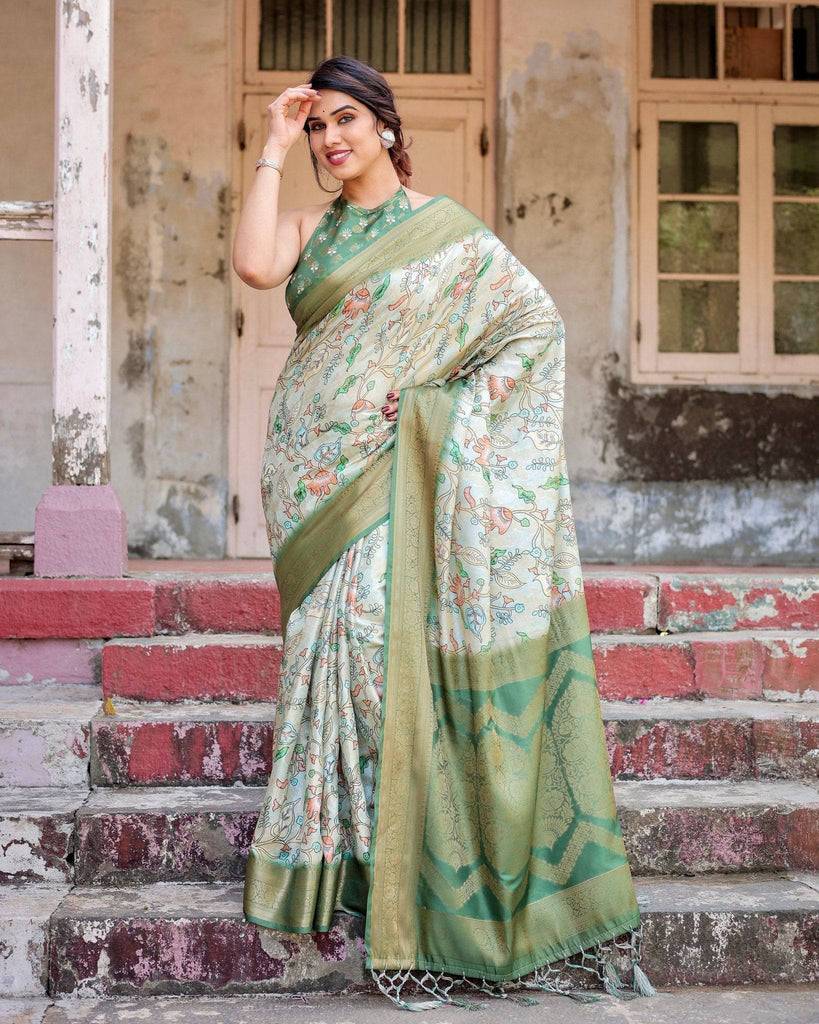 Timeless Green Banarasi Silk Saree with Zari Weaving and Tassels BANARASI PRINTED