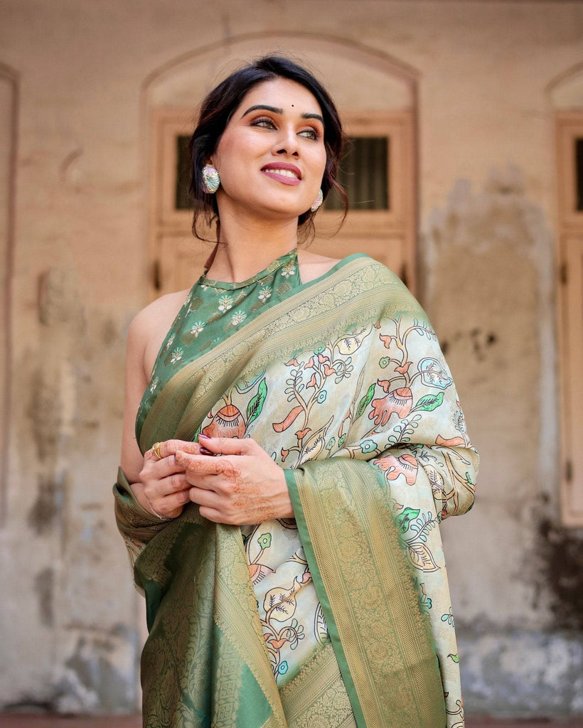Timeless Green Banarasi Silk Saree with Zari Weaving and Tassels BANARASI PRINTED