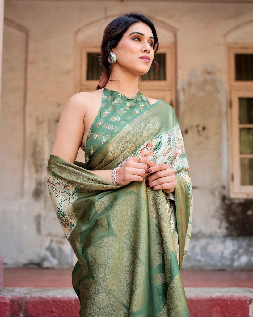Timeless Green Banarasi Silk Saree with Zari Weaving and Tassels BANARASI PRINTED