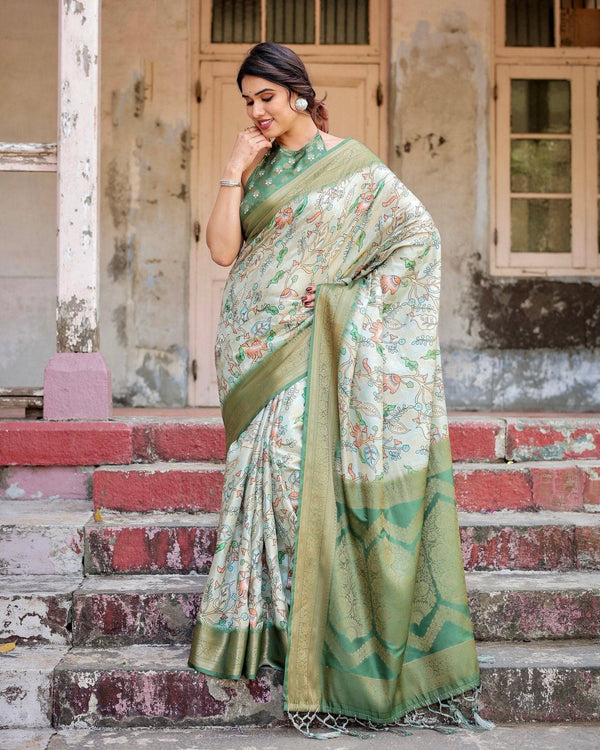 Timeless Green Banarasi Silk Saree with Zari Weaving and Tassels BANARASI PRINTED