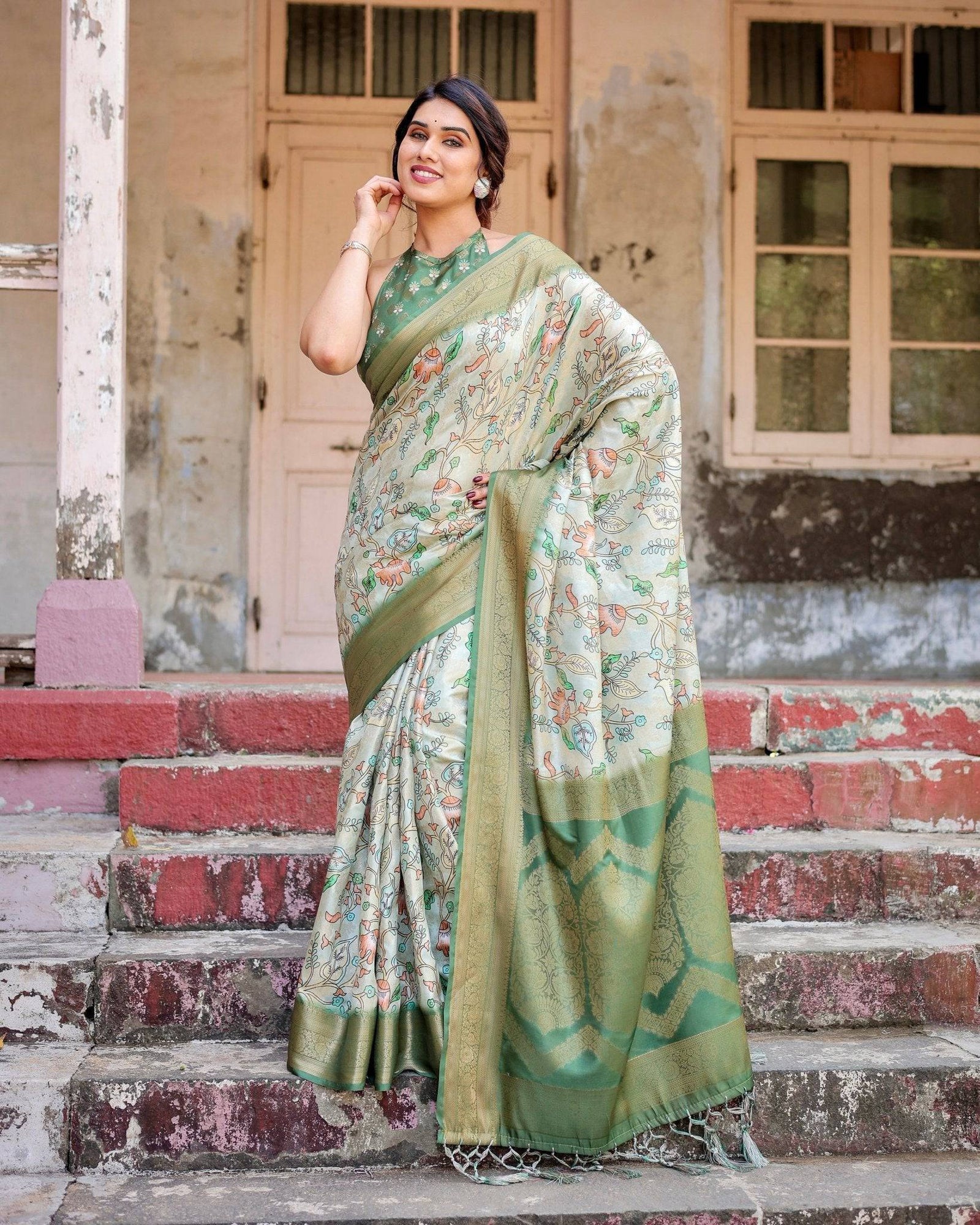 Timeless Green Banarasi Silk Saree with Zari Weaving and Tassels BANARASI PRINTED