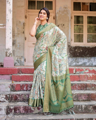 Timeless Green Banarasi Silk Saree with Zari Weaving and Tassels BANARASI PRINTED