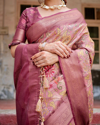 Elegant Pink Banarasi Silk Saree with Floral Zari Weaving and Tassel-Embellished Pallu BANARASI PRINTED