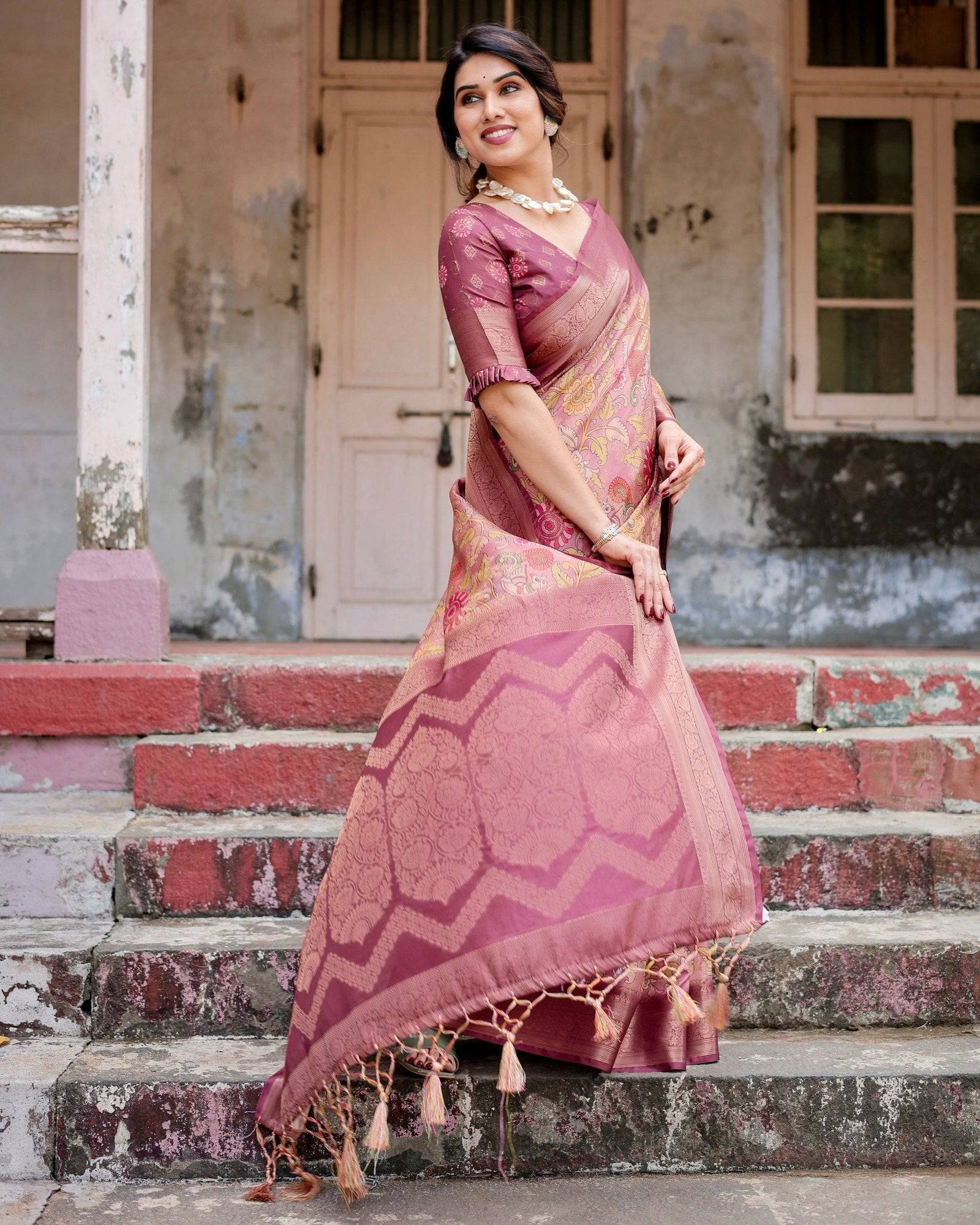 Elegant Pink Banarasi Silk Saree with Floral Zari Weaving and Tassel-Embellished Pallu BANARASI PRINTED