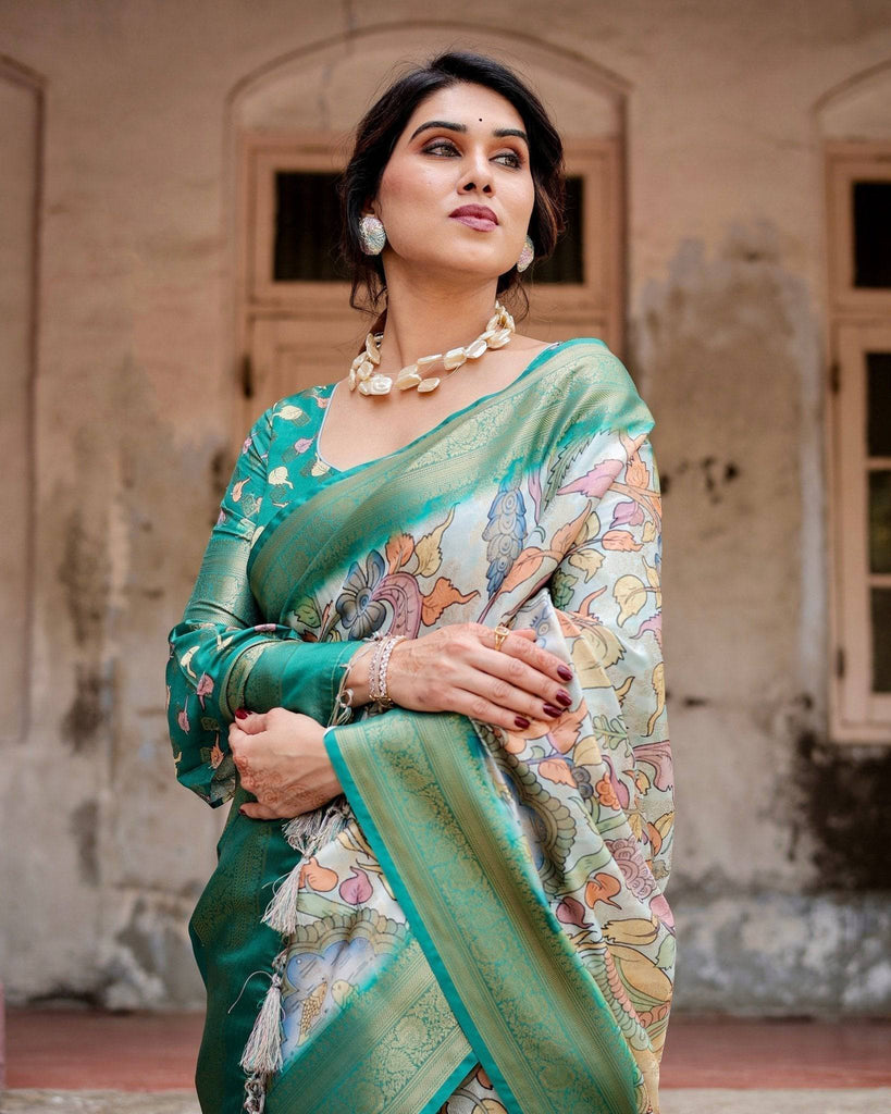 Graceful Green Banarasi Silk Saree with Vibrant Motifs and Zari Woven Pallu BANARASI PRINTED