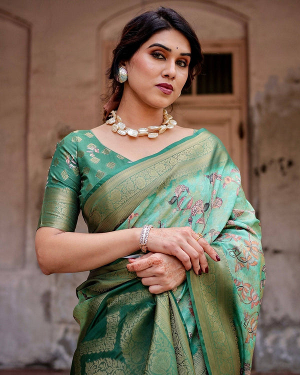 Graceful Green Banarasi Silk Saree with Intricate Floral and Elephant Weaves BANARASI PRINTED