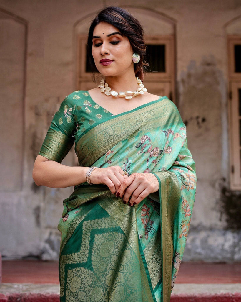 Graceful Green Banarasi Silk Saree with Intricate Floral and Elephant Weaves BANARASI PRINTED