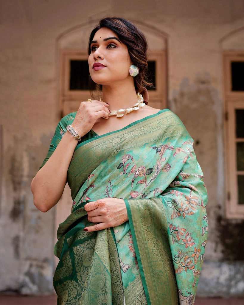 Graceful Green Banarasi Silk Saree with Intricate Floral and Elephant Weaves BANARASI PRINTED
