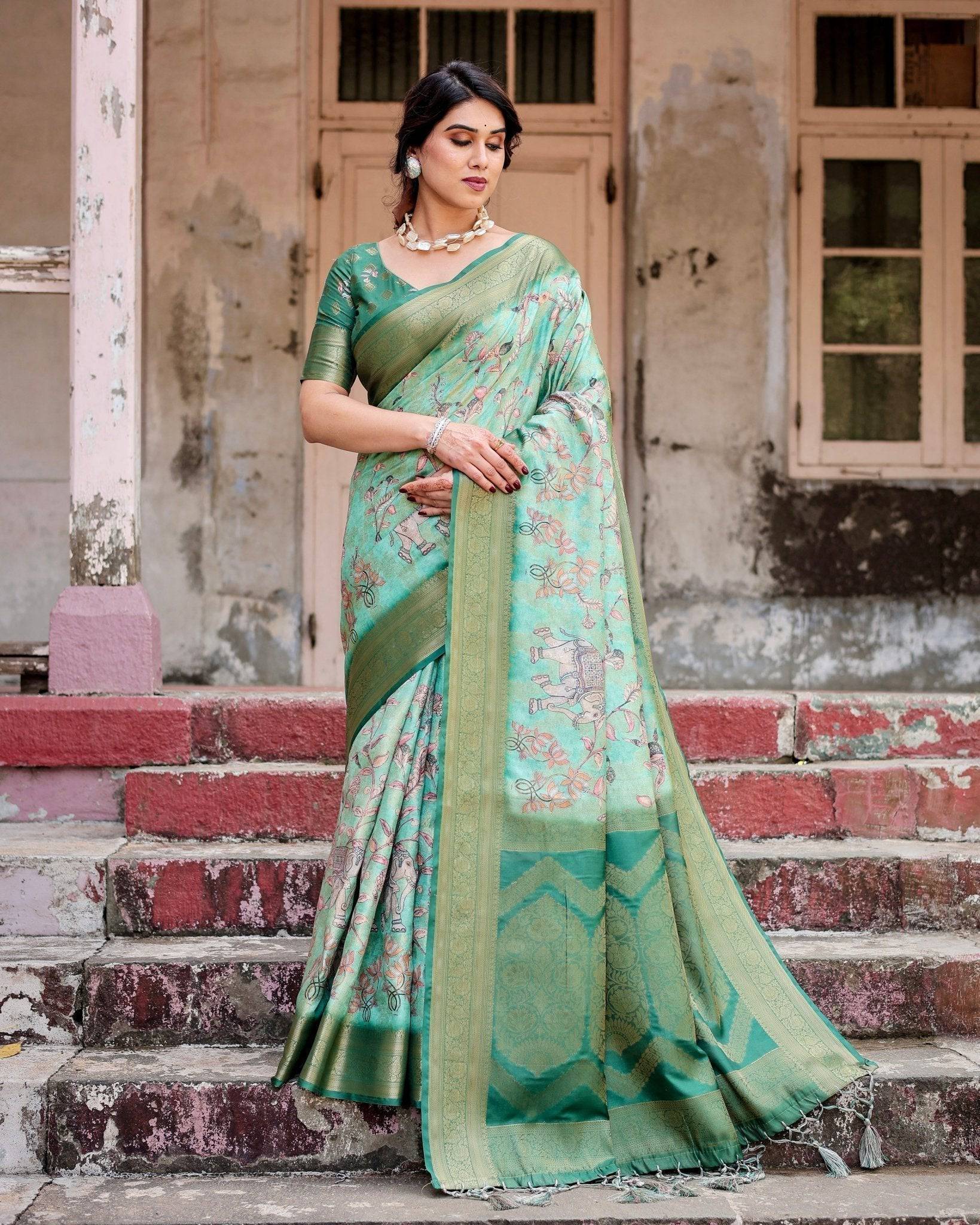 Graceful Green Banarasi Silk Saree with Intricate Floral and Elephant Weaves BANARASI PRINTED Main image